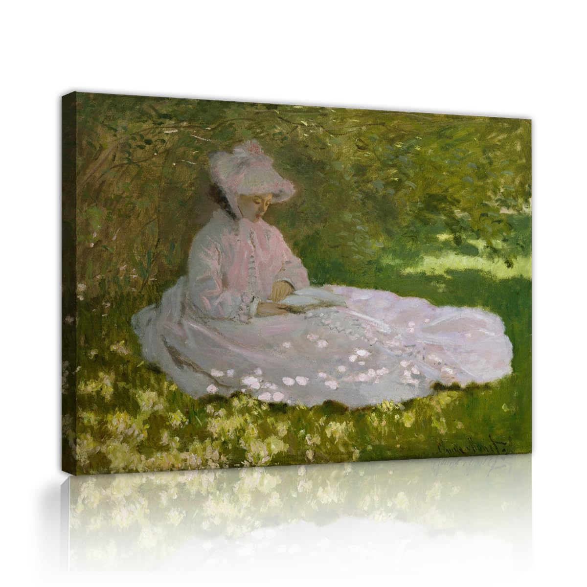 TOANGWALL Claude Monet Springtime Canvas Wall Art Staircase Reader Girl Pink Dress Garden Grass Aesthetic Framed Artwork For Office Decor 85x100cm