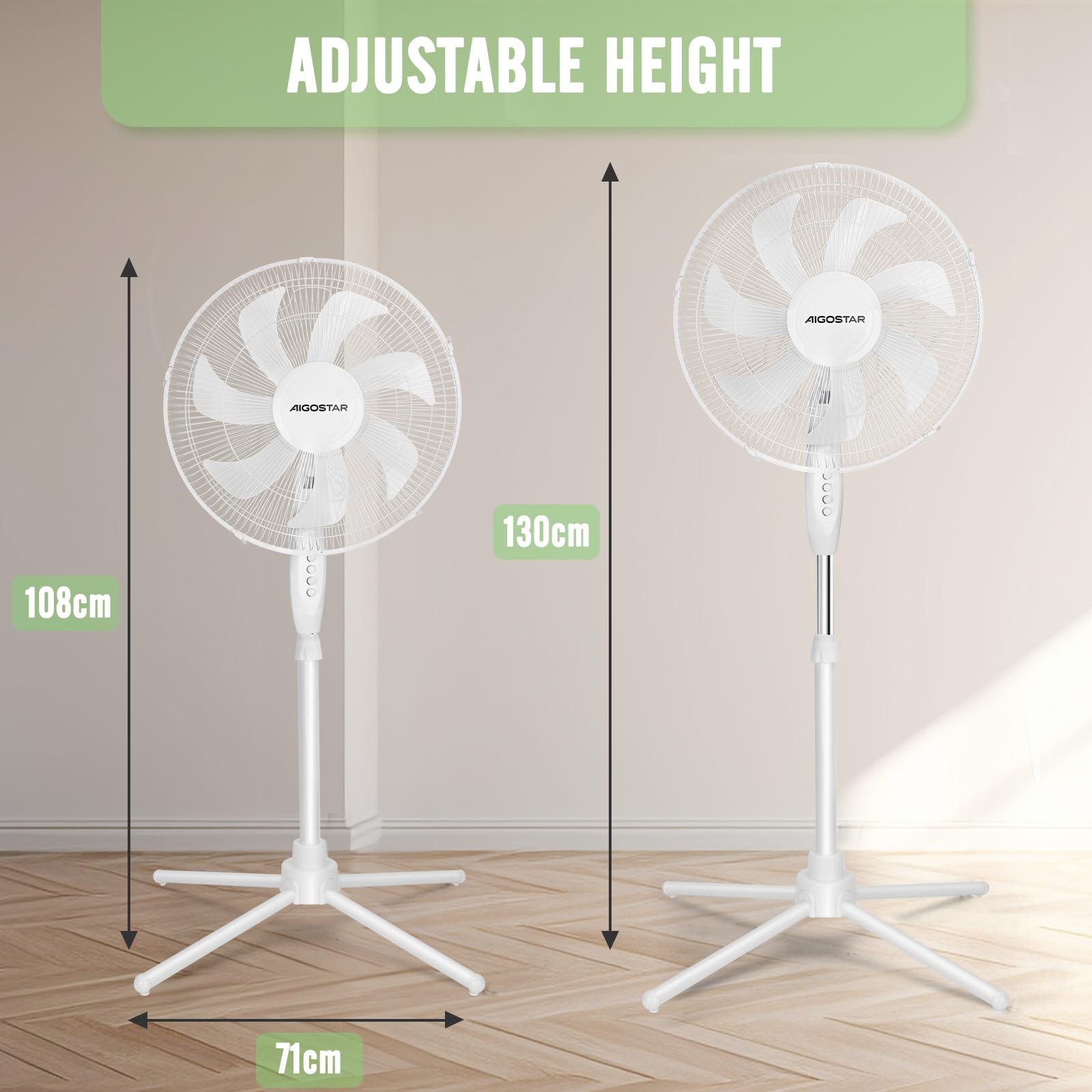 Aigostar Erika - Ventilatore a Piantana Silenzioso 55W,Bianco | Fan con 7 pale, diametro 41 cm, 3 velocità, oscillazione, altezza regolabile 108-130 cm