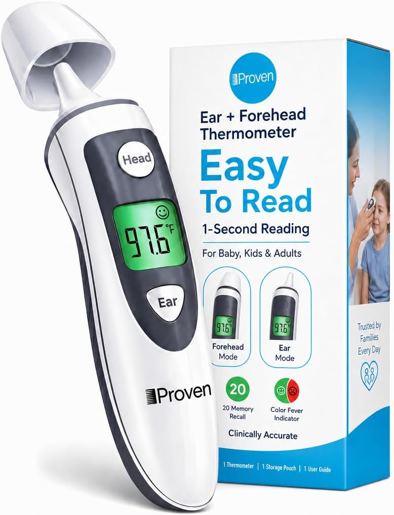 iProven Ear and Forehead Thermometer for Adults Kids and Baby - 2-in-1 Ear and Forehead, 1-Second Readings, Fever Alert Color Indicator, 20 Memory Recall - Family Digital Thermometer for Home Use