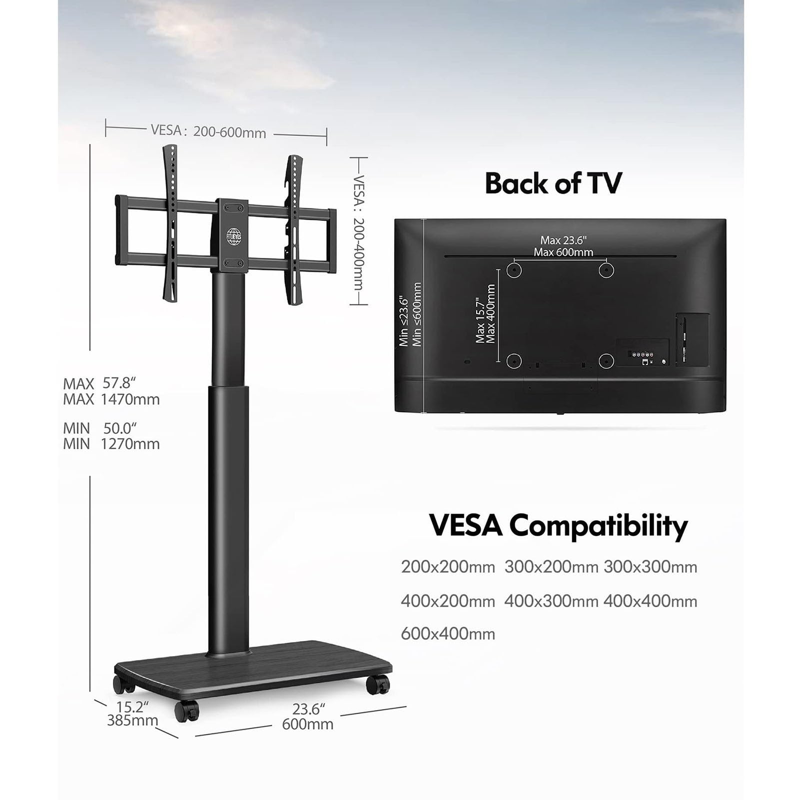 Support de Sol Portable pour téléviseur - Support Universel à roulettes, Chariot pour téléviseurs de 37 à 70 Pouces, Hauteur réglable pour Chambre, extérieur, Petit,B-1270-1470mm