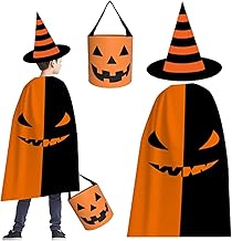 3 Pièces Déguisement de Sorcier Halloween pour Garçon 6-15 Ans,Cape, Chapeau et Sac à Bonbons Citrouille,Costume Fête Déguisée, Accessoire Cosplay et Maquillage