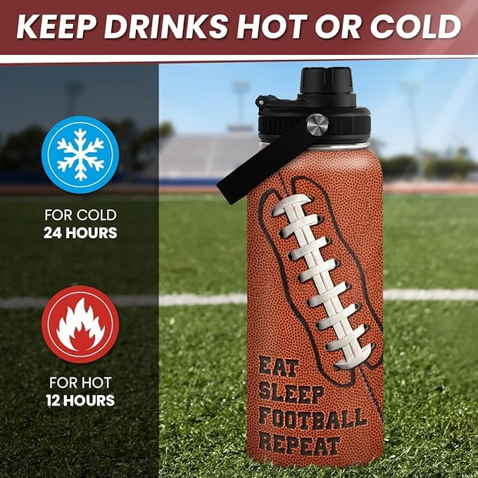 Image of SANDJEST Football Water Bottle 32oz Insulated Stainless Steel Sports Bottle - Football Fans