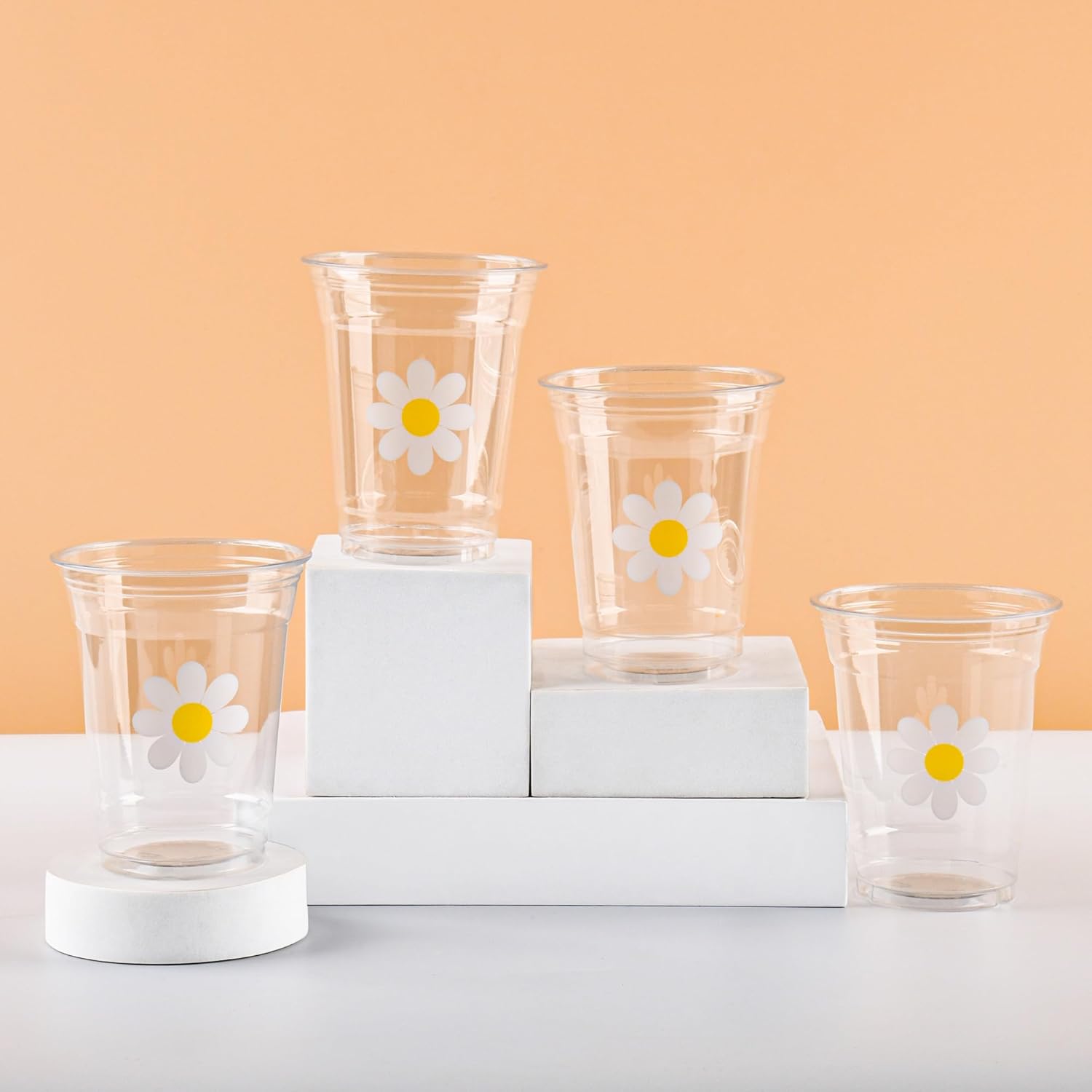 AimFun 100 Pc Daisy Disposable Plastic Cups Groovy Party Cups 12 oz White Flower Cold Drinking Cups for Hippie Boho Party Decor Spring Birthday Baby Shower Supplies