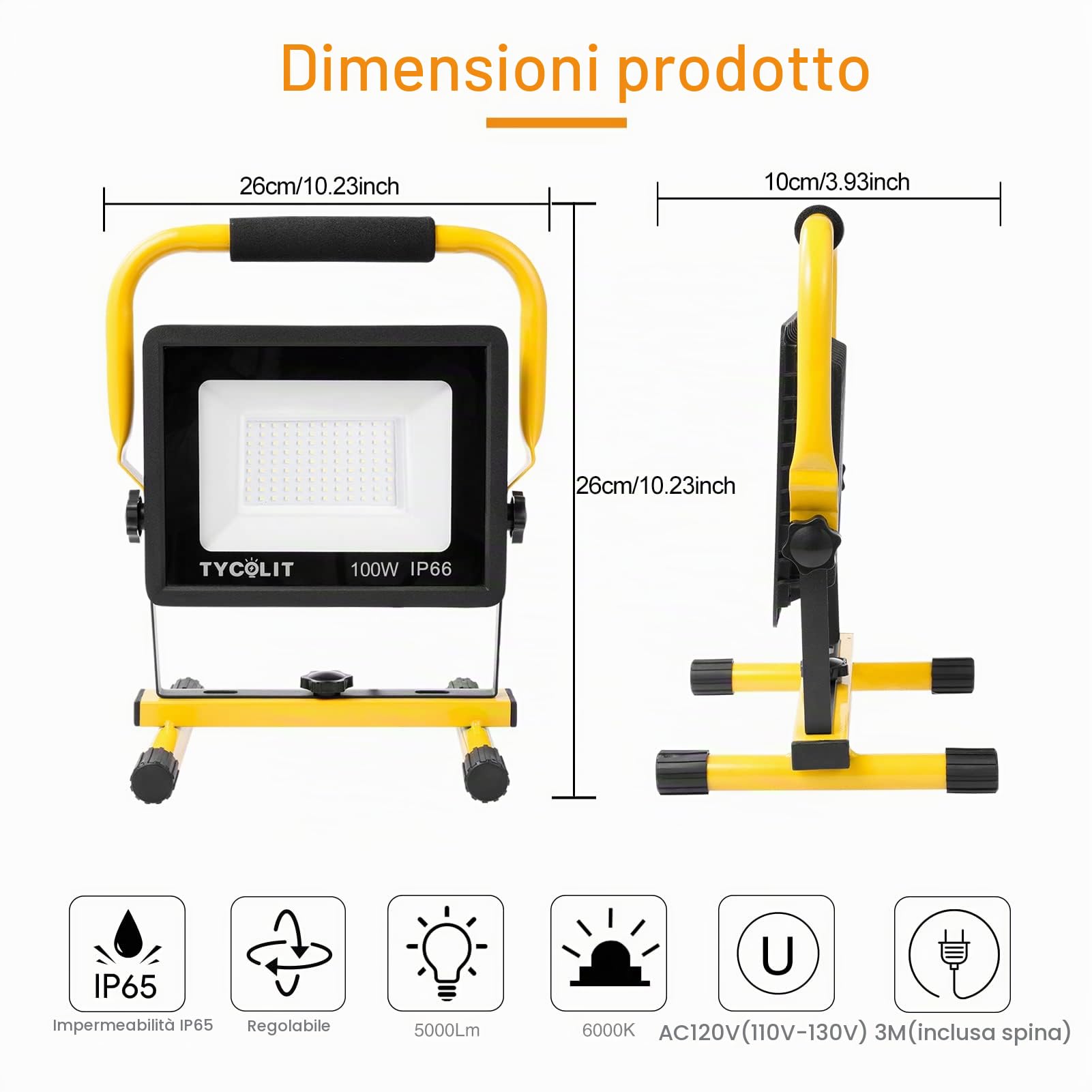 Faretto LED da costruzione, 100 W, 10000 lm, 6500 K, bianco freddo, con spina, IP66, impermeabile, cavo 3 m, per officina, cantiere, garage
