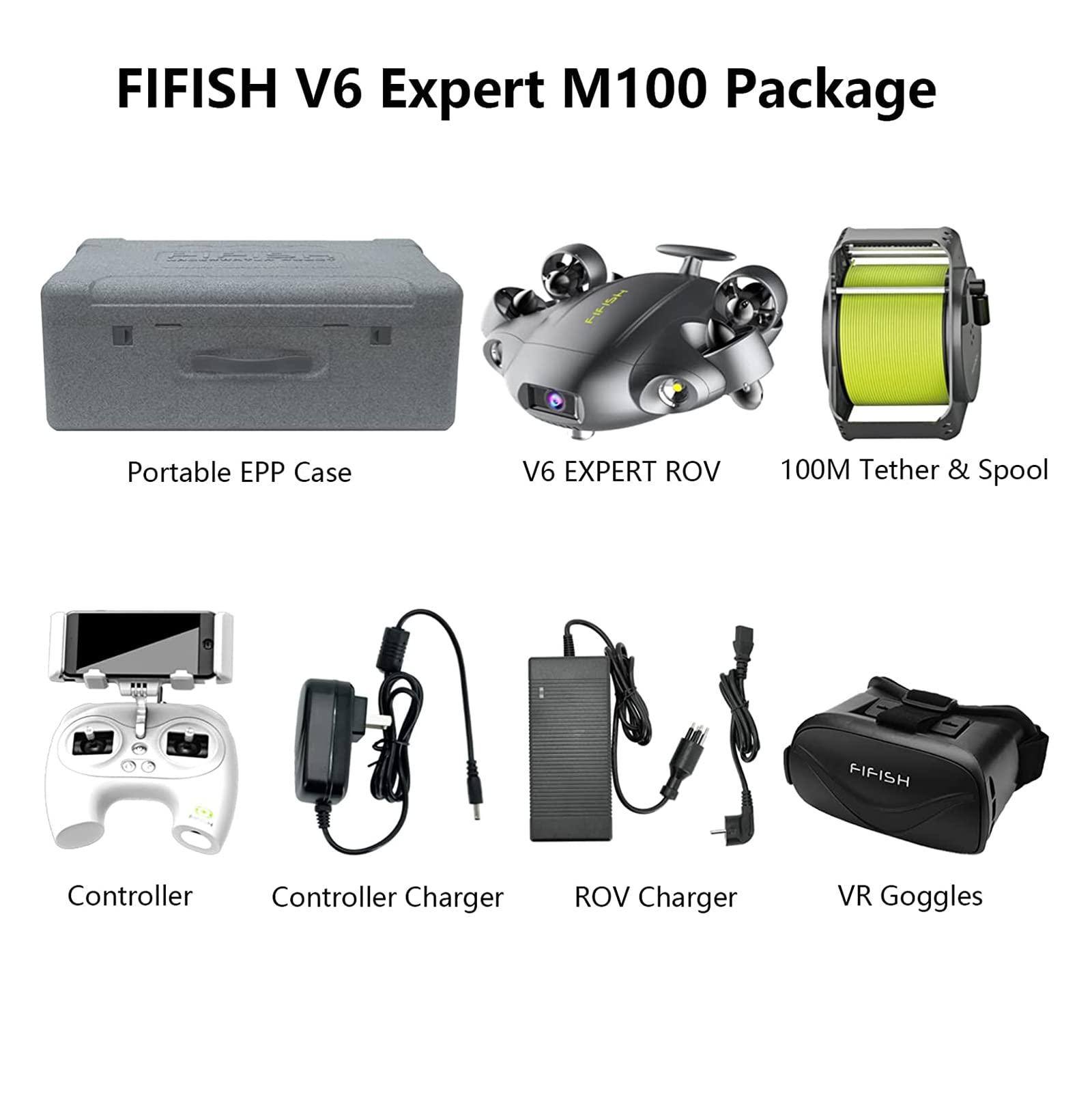 FIFISH V6 Expert M100 podwodny dron, ulepszony profesjonalny ROV, z kamerą 4K UHD, monitorowaniem VR, diodami LED 6000lm, kablem 100M, obudową EPP