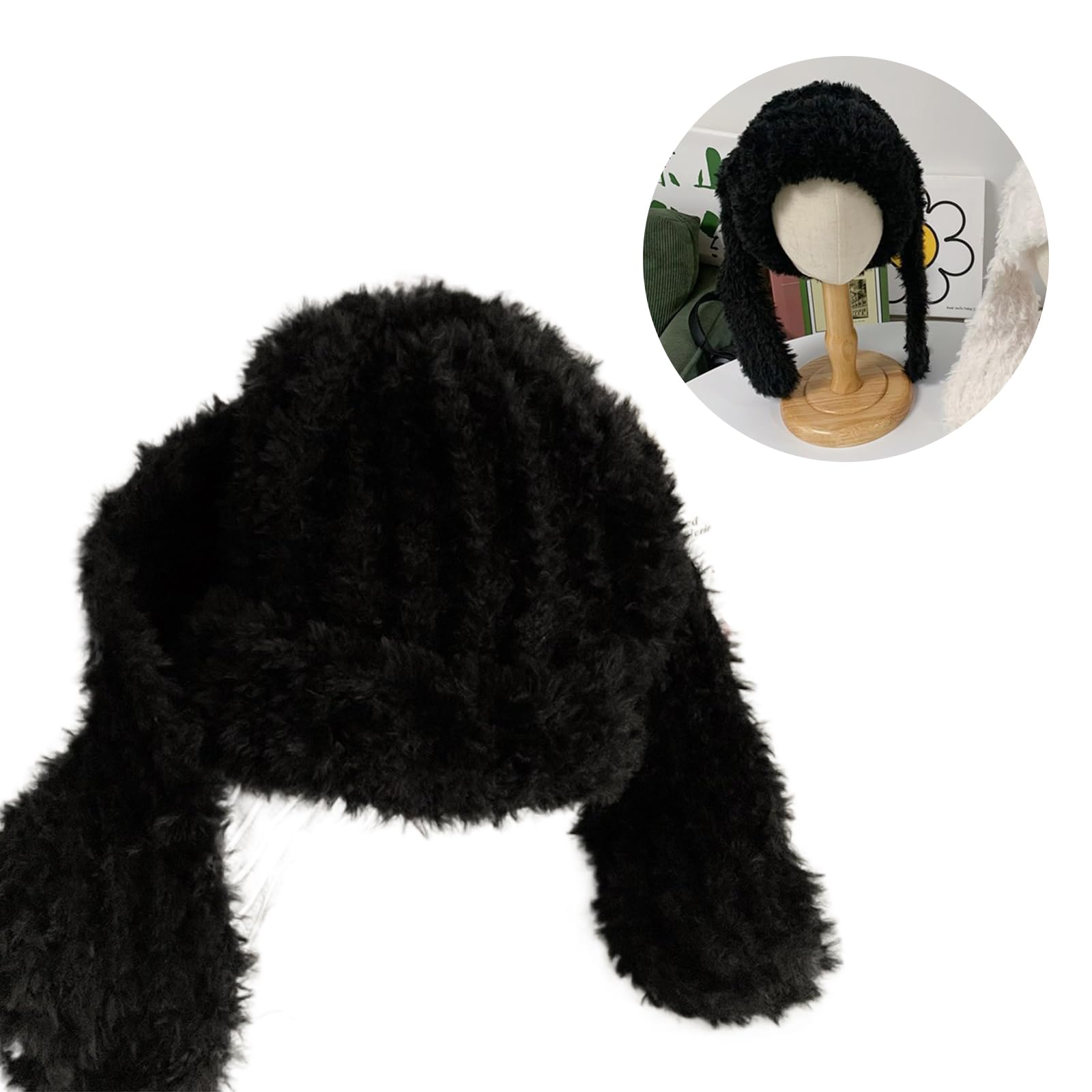 Earflap Hat Winter Knit Plush Long Skull Cosplay Party Hat for Kids Adult Windproof Headdress Black