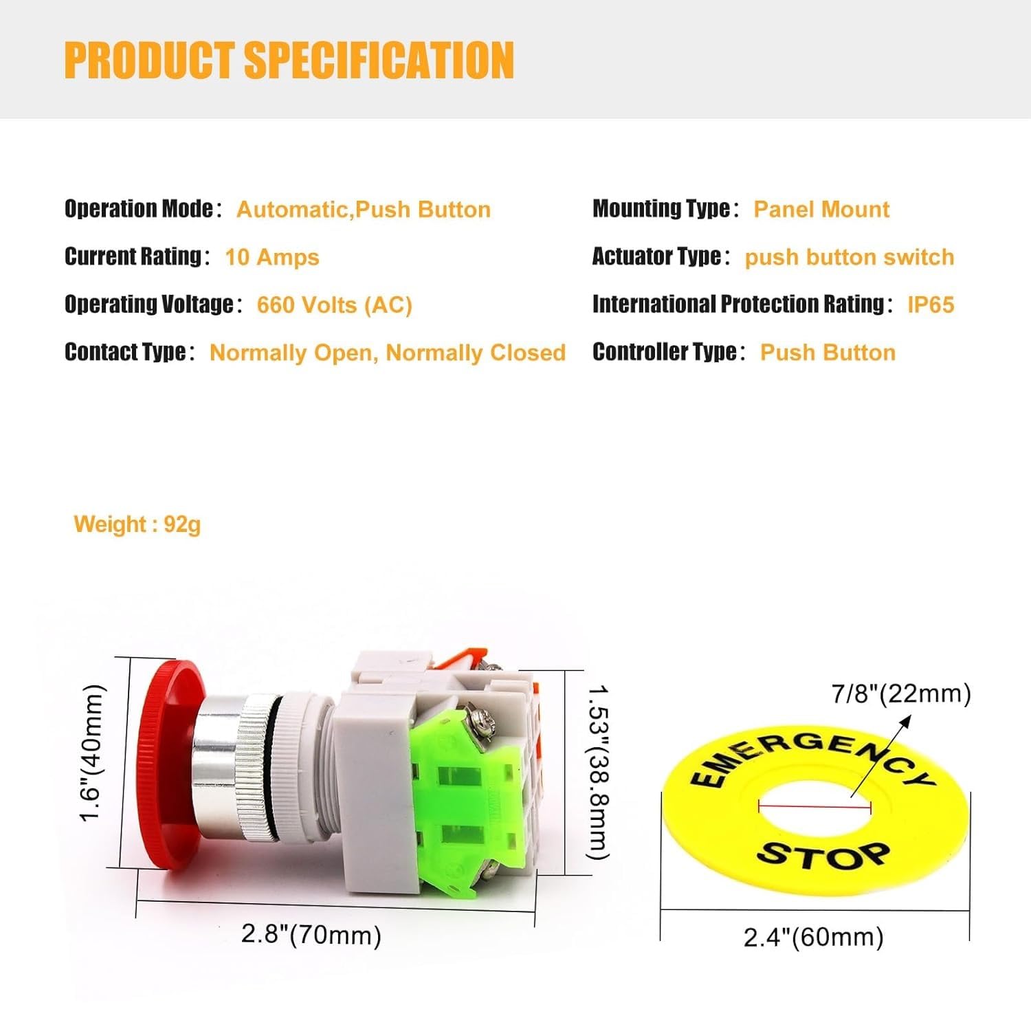 TECHZOCO Interruptor de Botón de Presión para Parada de Emergencia, Seta Pulsador Emergencia, Botón para Emergencia, Instalación orificio de apertura 22 mm, NO + 1 NC DPST, 660V 10A