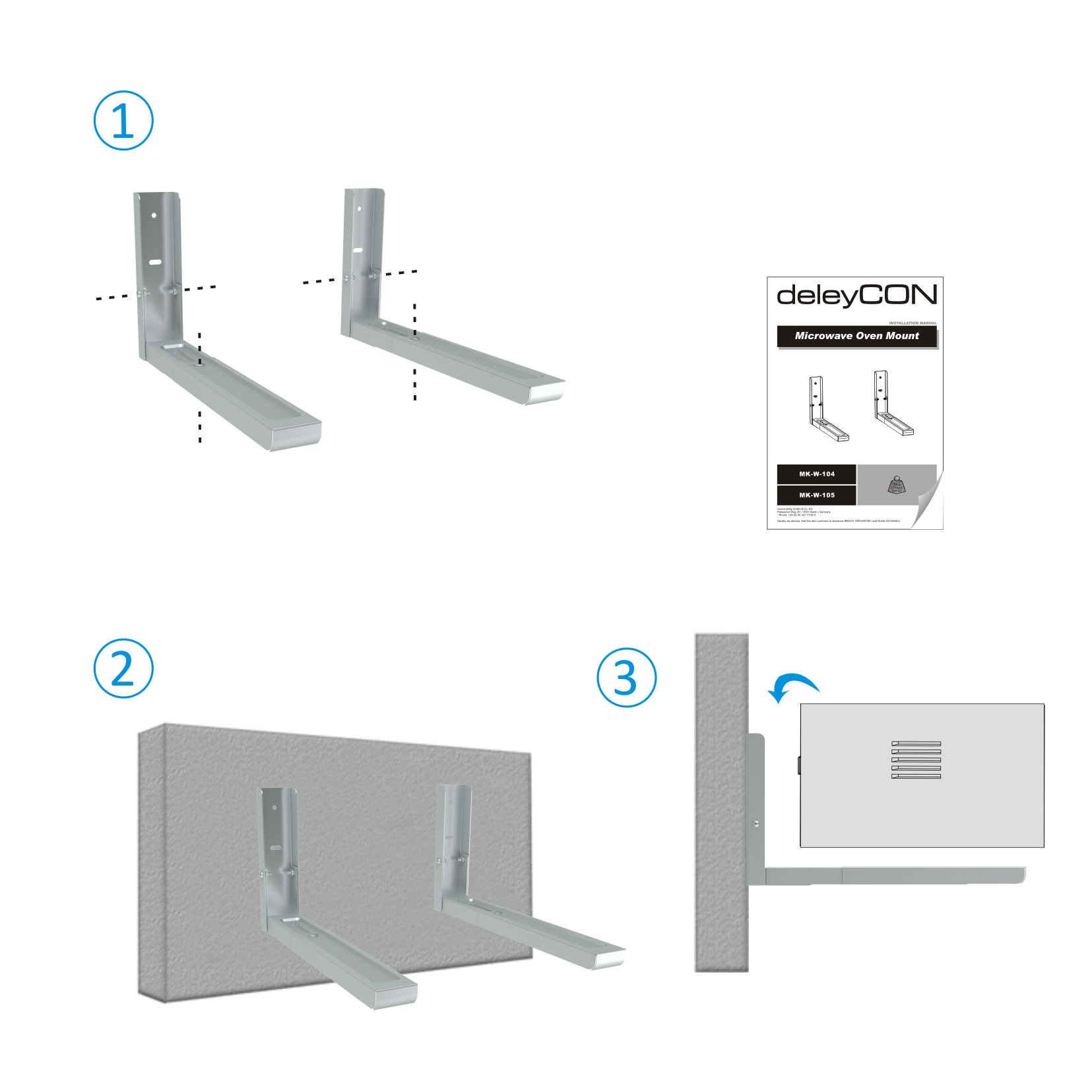 deleyCON Support universel pour micro-ondes à montage mural jusqu'à 35 kg, extensible à 48,3 cm, pour four à café, argenté