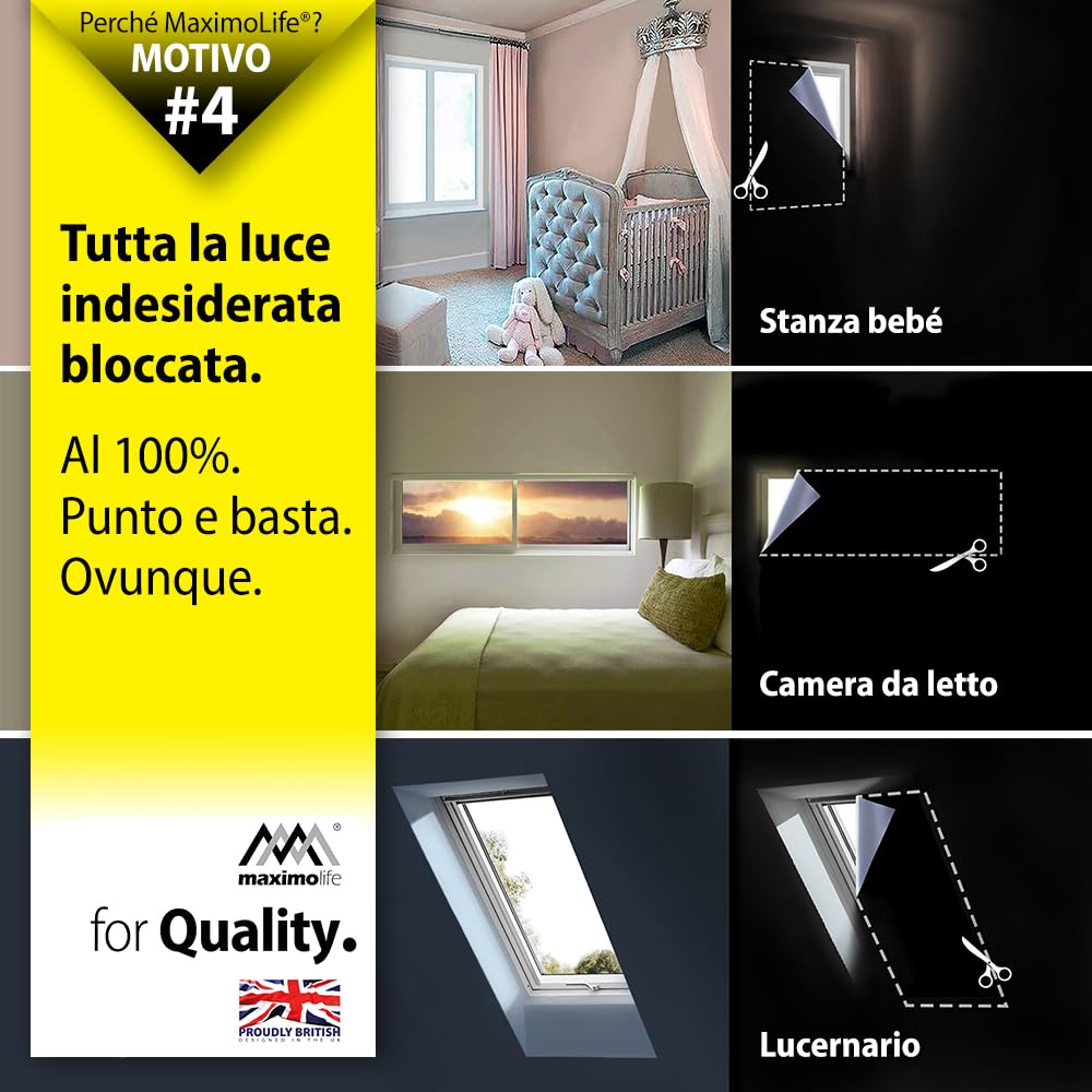 Tenda oscurante MaximoLife® Ultimate 100% | Adatta a finestre di qualsiasi dimensione/forma | Griglia guida di taglio per un taglio più facile | Ventose potenti | Gancio e passante resistenti