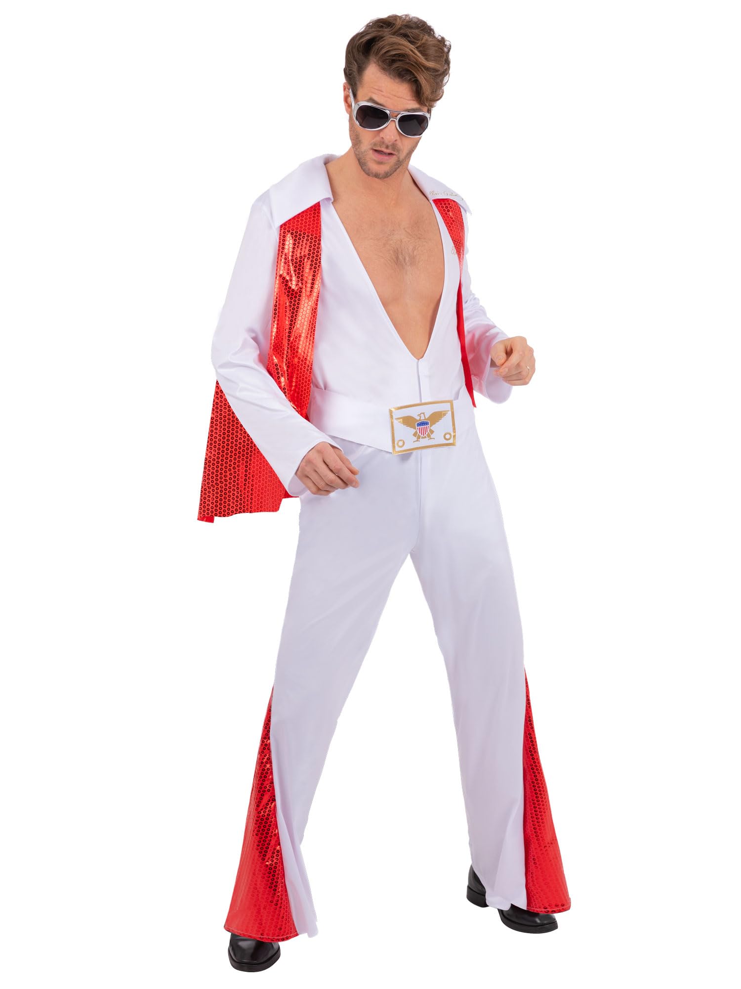 Smiffys Elvis Presley White Jumpsuit Costume for Adults, Officially Licensed 1970s Rock 'n' Roll Outfit with Cape, King of Rock Elvis Fancy Dress for Men, 70s Music Icon Jumpsuit, Medium