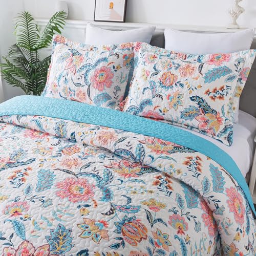 BEDIFANY Garden Cotton Filling Queen Size Quilt Set - Lightweight Bedspreads Queen Size (90 x 98 inch) with Colorful Floral Pattern - Farmhouse Queen Quilt Bedding Sets for Bed Coverlet, 3 Pieces