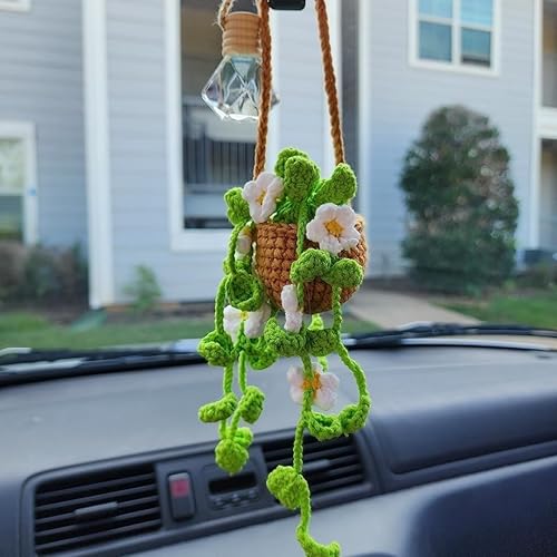 Accesorios para colgar en el espejo del automóvil, decoración de espejo retrovisor del automóvil, bonito adorno colgante de orquídea de ganchillo