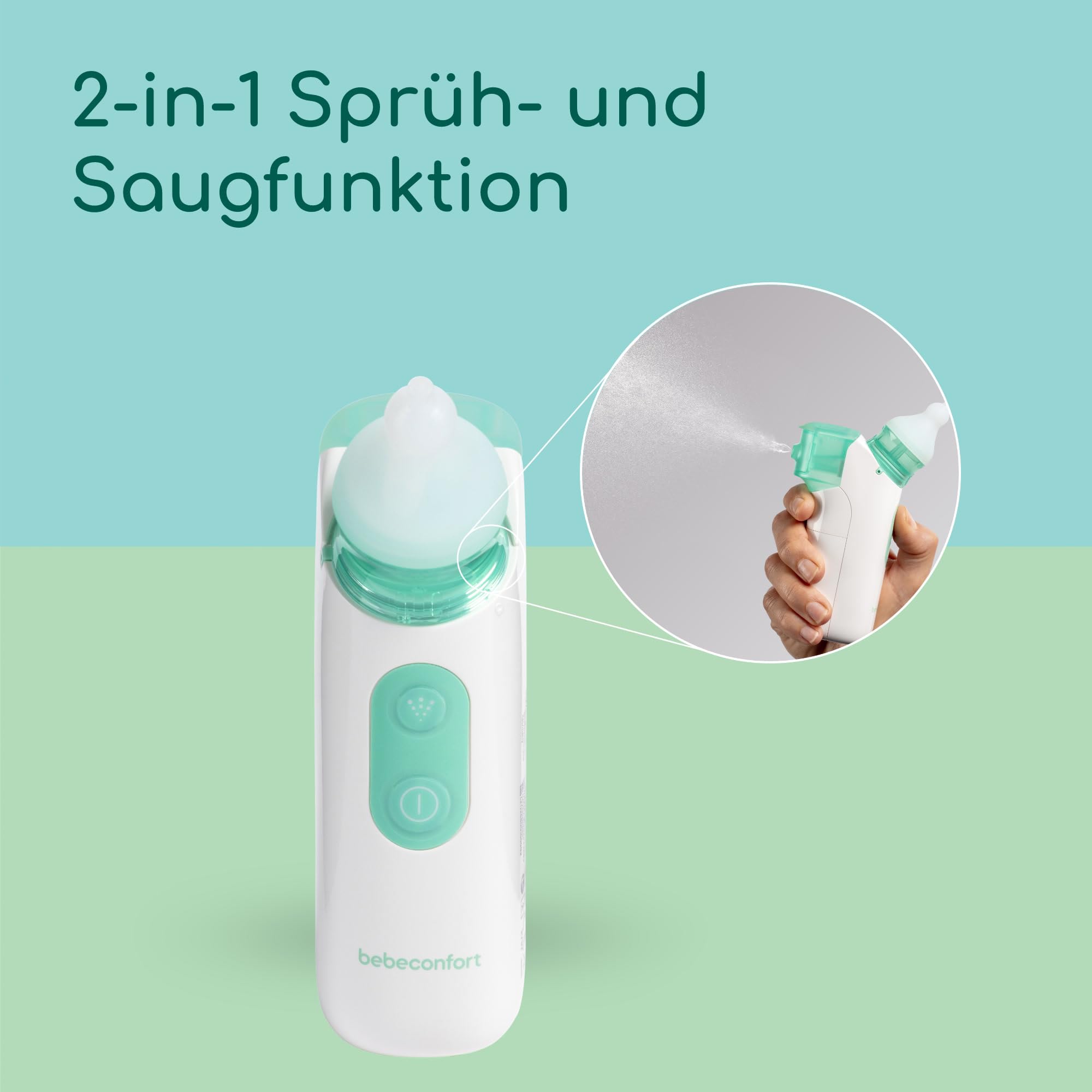 Bebeconfort Nasensauger Baby Elektrisch mit Sprühfunktion, Ab der Geburt, 2-in-1-Spray und Saugfunktion, Schneller, Leiser Baby Nasenreiniger, 2 Abwaschbare Silikonspitzen, Leicht zu Reinigen, Kompakt