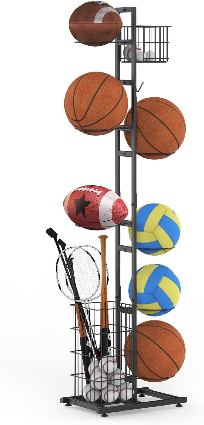 petour Ball Storage Rack 7 Tier Removable Football Shelf with Basket, Ball Organiser,Football Stand, Sports Equipment Organiser for Garage,Basketball,Football,Volleyball Display