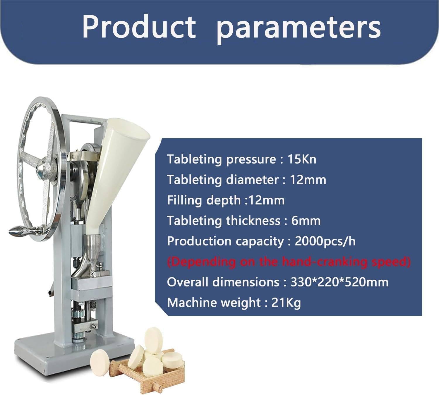 Macchina manuale della stampa della compressa, spessore regolabile 0-6mm, uscita 0-2000 compresse/ora, ideale per uso in laboratorio, pressione 15000 Pa