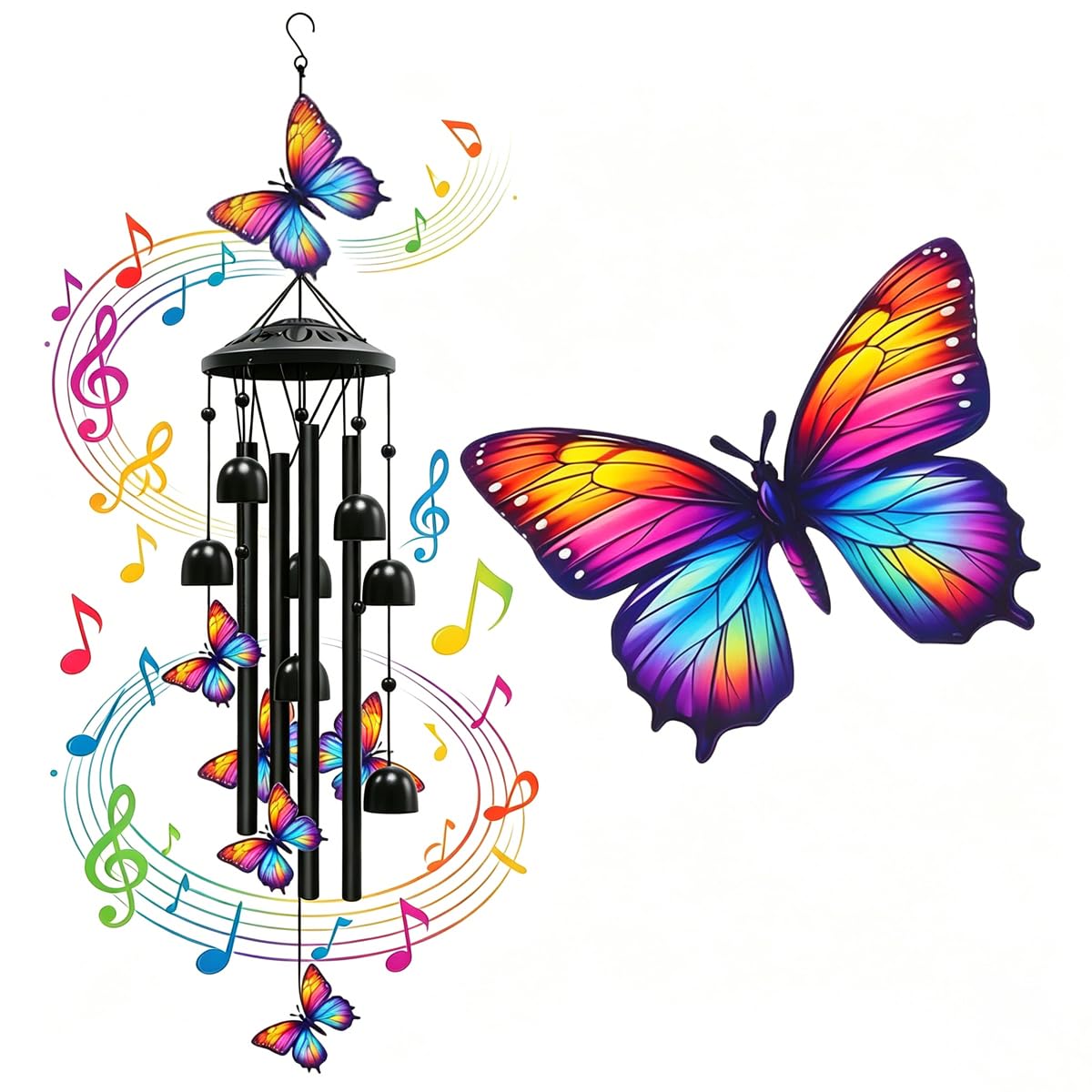 Vintage Colorful Hummingbird Wind Chime With Metal Tubes And Bells, Graceful Hummingbird Wind Chimes, Garden Patio Yard Porch Hanging Decor Gifts For Nature Lovers, Gardeners (Butterfly)