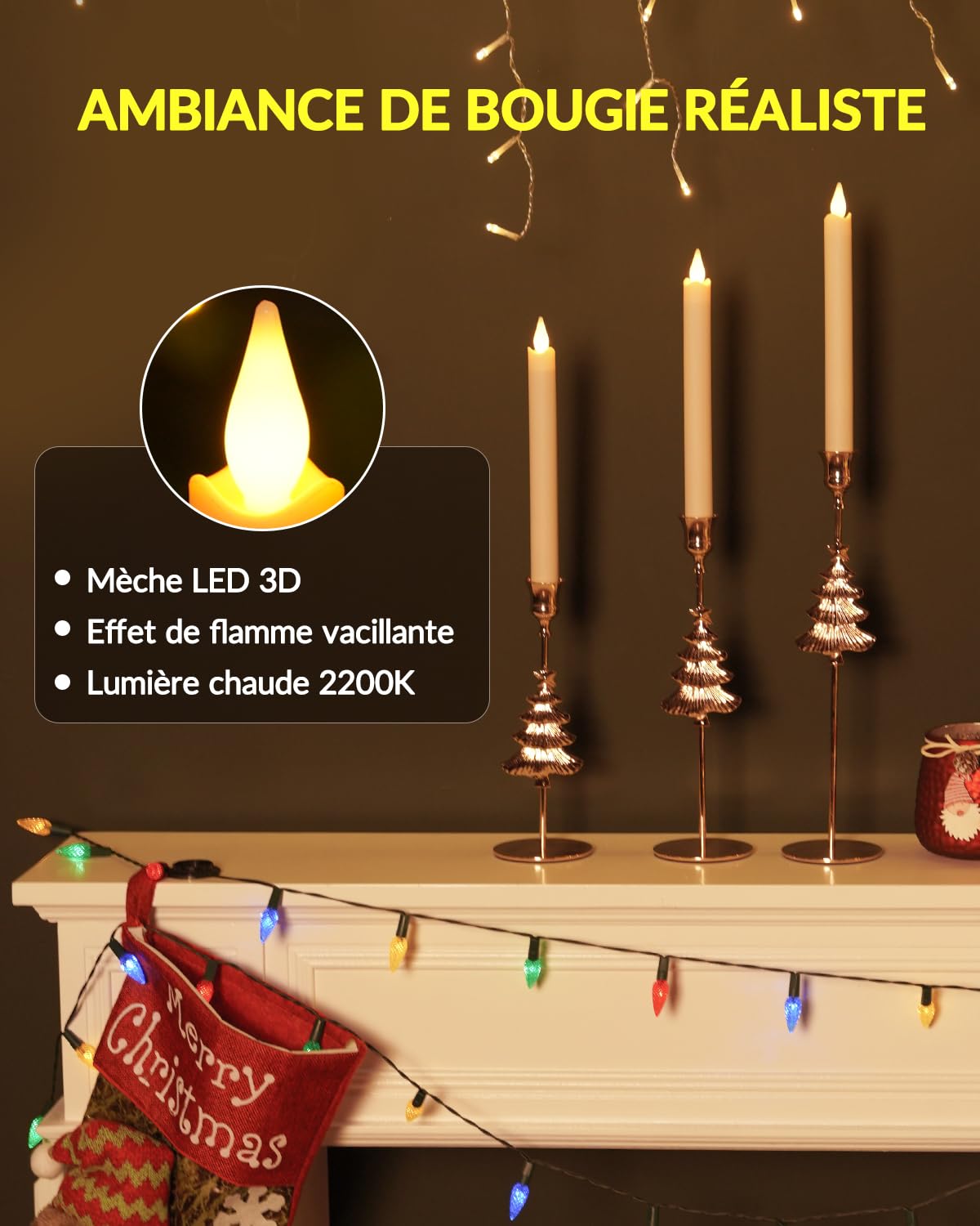 Bougies LED Flamme Vacillante Rechargeable avec Base de Chargement, 6 Pièces Fausse Bougie Longue avec Télécommande et Fonction Minuterie pour Noël, Halloween, Décoration de Chambre, Mariage