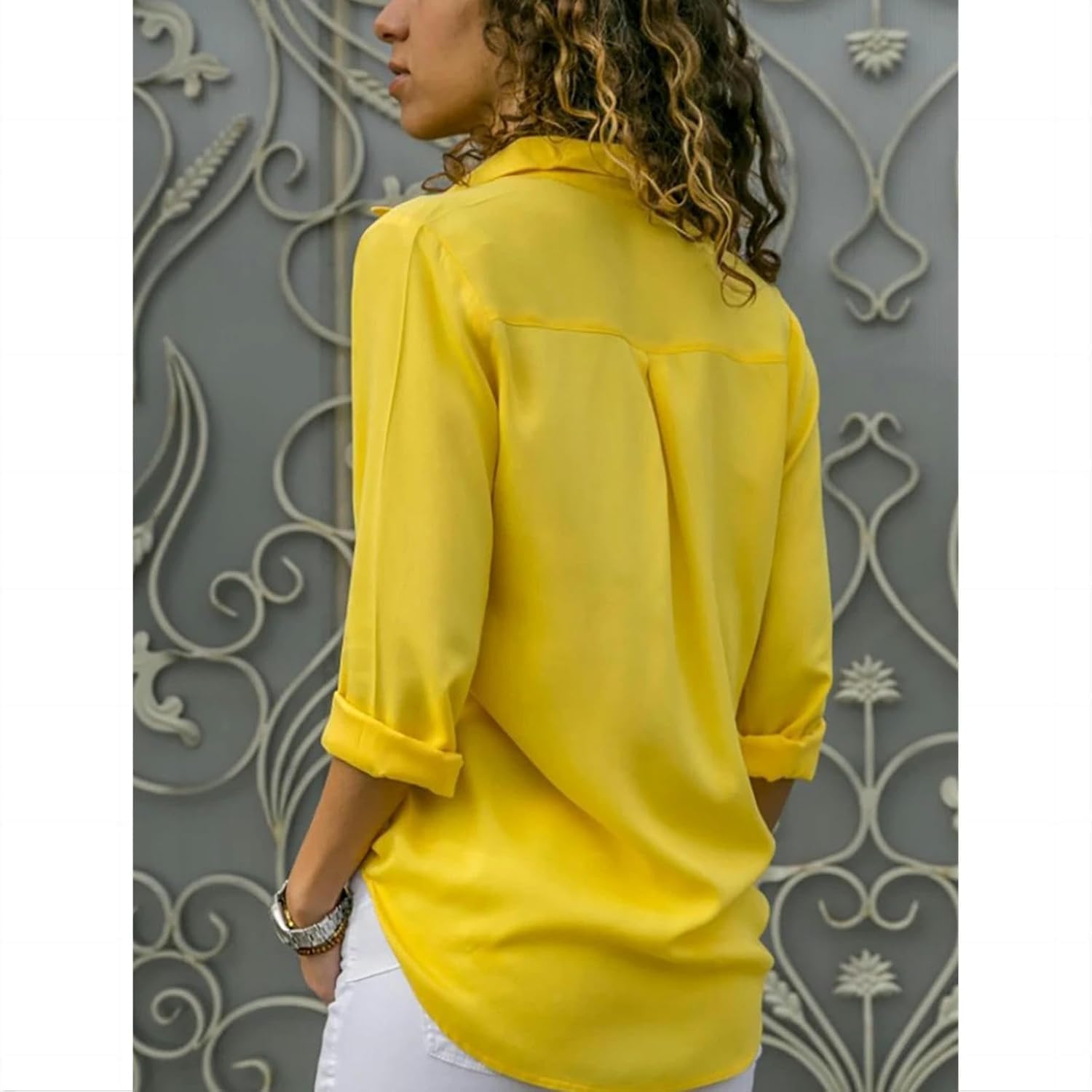 Damenblusen, Damen-Blusen, elegant, solide Chiffon-Bluse, Frühling und Sommer, lässig, langärmelig, V-Ausschnitt, lockeres Hemd, Schwarz, XL