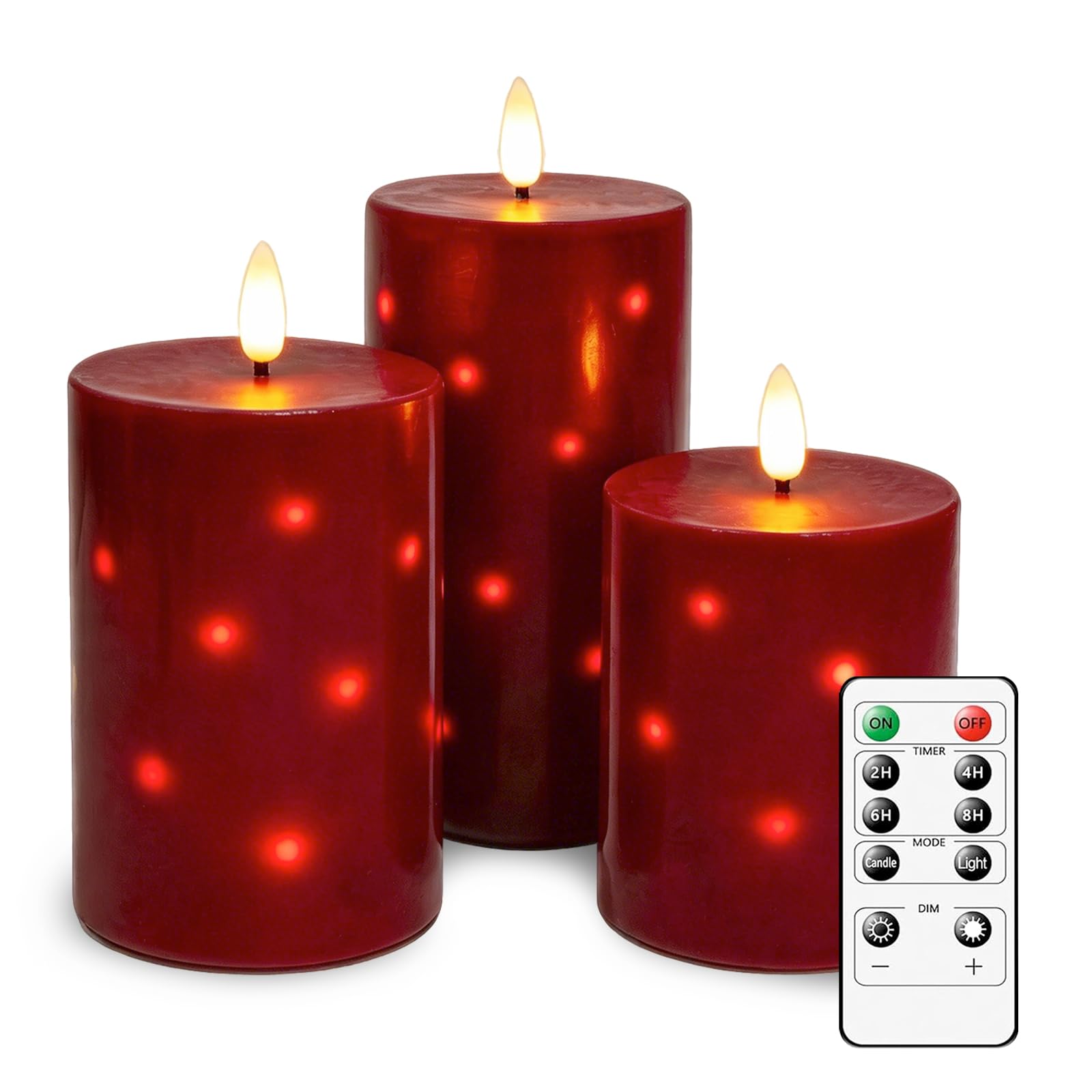 AnnSpa 3 Pack LED Candles with Timer Remote Control, Embedded String Lights, Flameless Real Wax Battery Operated Candles, Flickering Pillar LED Candle for Wedding Christmas Holiday Decor (Red)