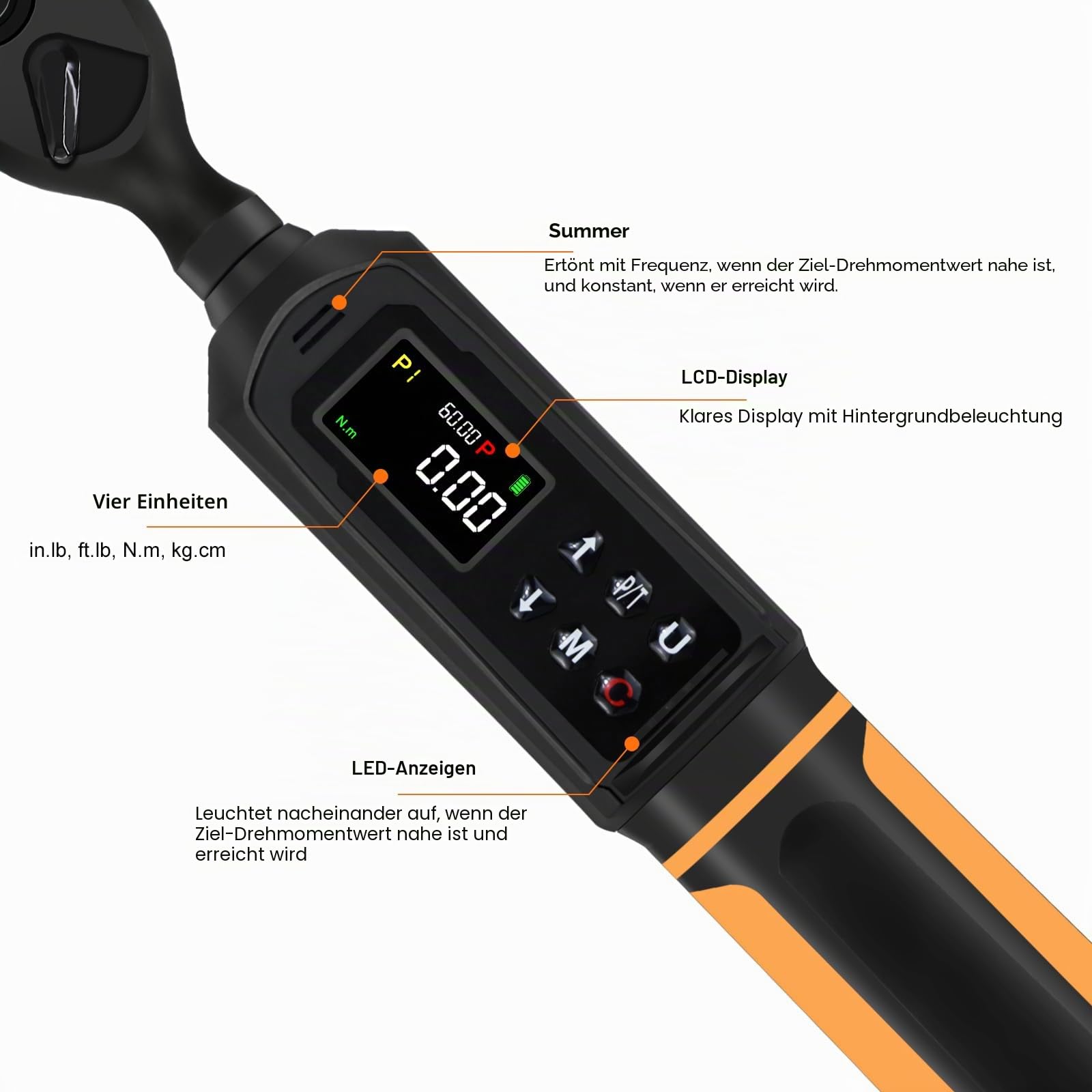 Uharbour Digitaler Drehmomentschlüssel, 3/8 Zoll Antrieb, 0,9–60 Nm Reichweite, elektrischer Drehmomentschlüssel mit Dual-Richtungs-Ratsche, ±1% Genauigkeit mit Vibration, Summer und LED-Alarm