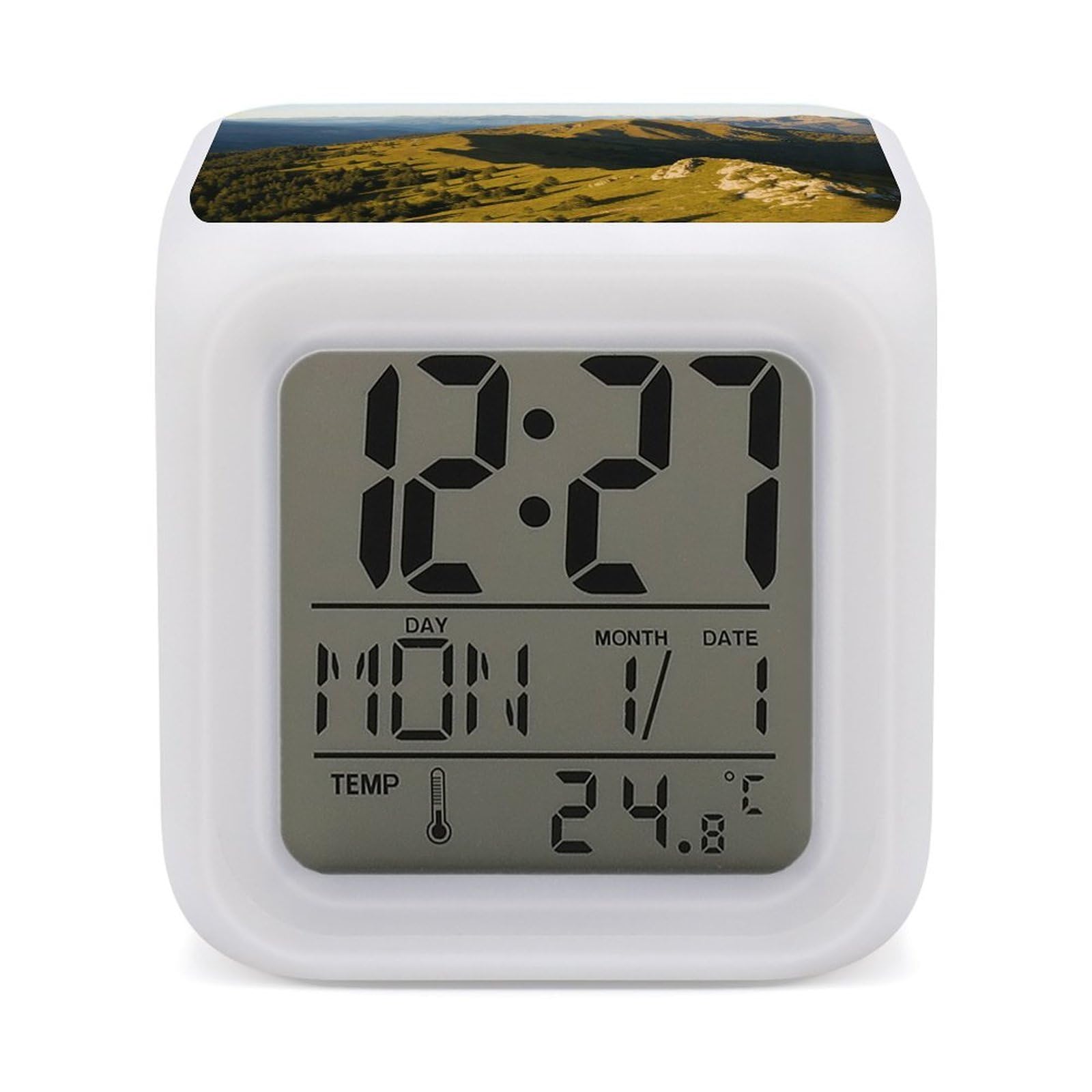 LZQPOEAS Mountains Alarm Clock with 7 Color Changing Nightlight for Bedroom Calendar Temperature Display Wake Up Digital Clock Small Desk Clocks for Heavy Sleepers Adults