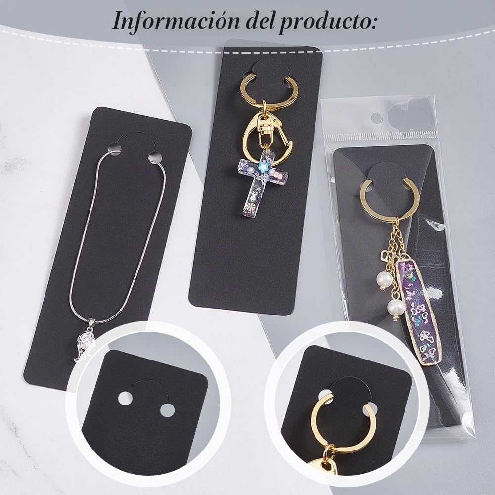 PH PandaHall Set de 100 Tarjetas de Visualización con Llaveros y Bolsas Autosellantes, Soporte de Papel Negro para Exhibición, Embalaje de Joyas, Negro