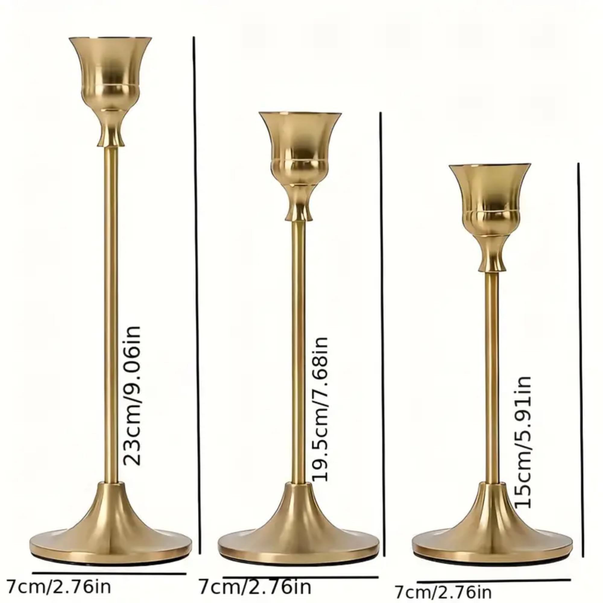Set of 3 Gold Taper Candle Holders in Varying Heights - Stylish Brass Decorative Candlestick Holder Perfect for Weddings, Home Decor, Dinners, and Special Occasions - Ideal for 2-4 Inch Candles - Image 3