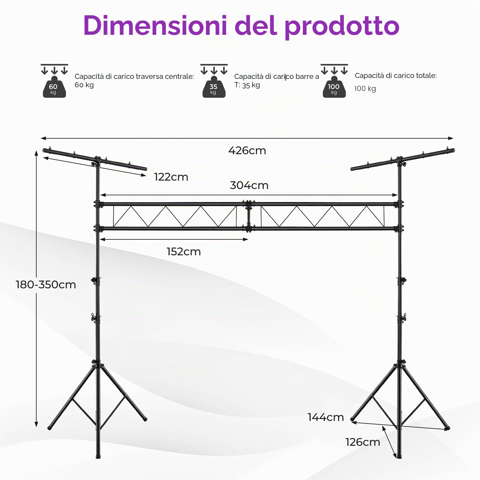 SOARS Stativo Luci, Supporto Luce per DJ Altezza Regolabile 180-360 CM, Stand Luci DJ in Metallo con 32 Punti di Fissaggio, per Illuminazione Fino a 100 KG
