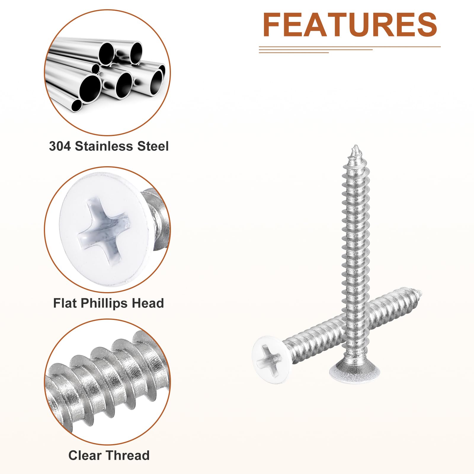 DTGN 50Pcs ST4x35mm Flat Head Wood Screws, 304 Stainless Steel White Phillips Self Tapping Screws - Image 4
