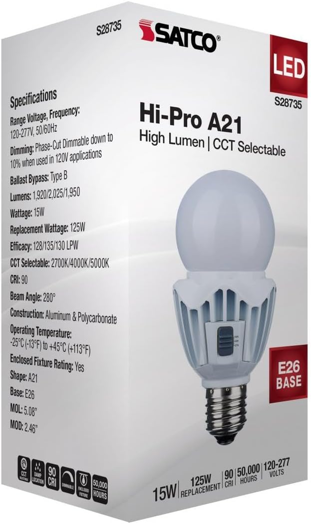 Satco 24 Pack S28735 15WA21/LED/3CCT/120-277V 15 Watt LED A21; High Lumen Output; 27K/40K/50K CCT Selectable; Medium Base; White Finish; 120V-277V; Ideal for Wide Areas, Commercial, Residential