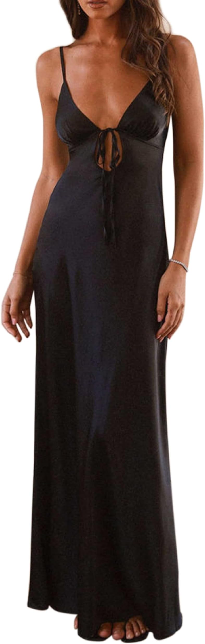 Women Tie Front Floral Maxi Dress Spaghetti Strap V Neck Cut Out Long Dress with Bow Wedding Guest Party Gown