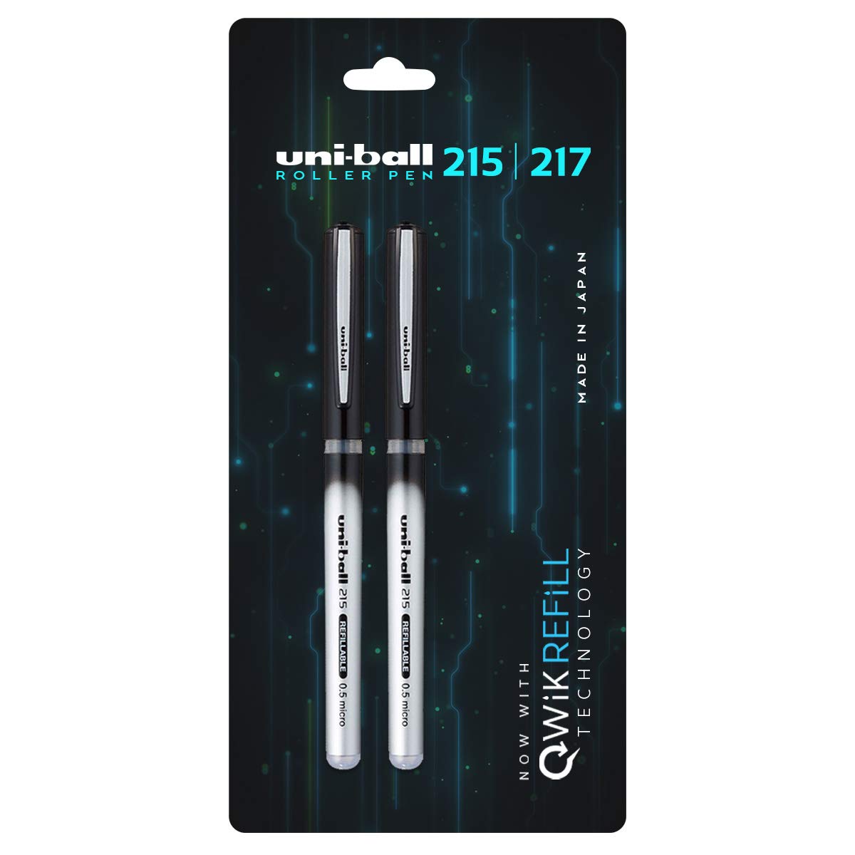 UNI-BALL QWiK REFILL UB 215 0.5mm Roller Ball Pen | Lightweighted Sleek Body | Sleek Body Refillable Pen | Long Lasting Smudge Free Ink | School and Office stationery | Black Ink, Pack of 2