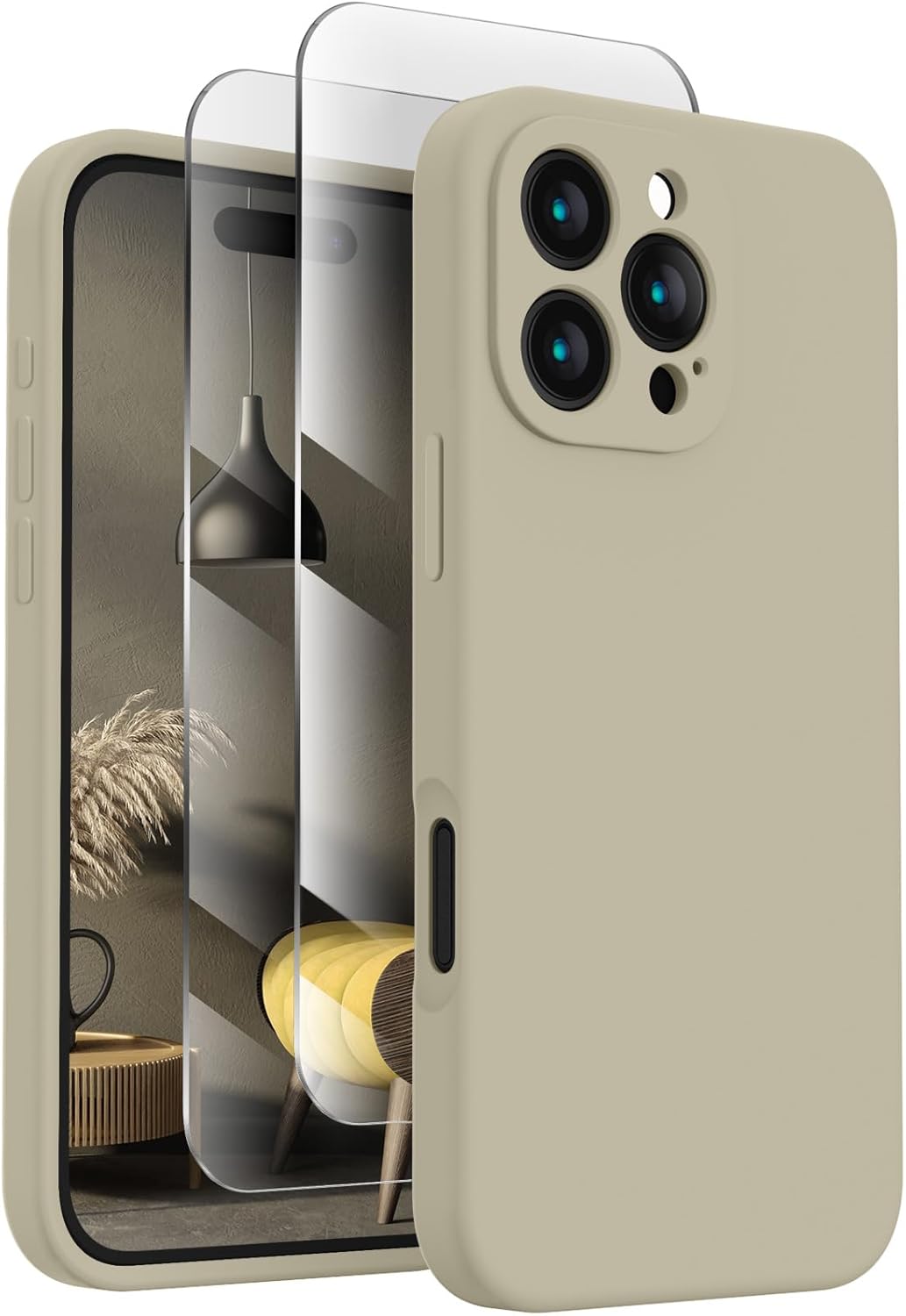 FireNova Designed for iPhone 16 Pro Case, Silicone Upgraded [Camera Protection] Phone Case with [2 Screen Protectors], Soft Anti-Scratch Microfiber Lining Inside, 2024, Khaki (missing 1 screen protector)