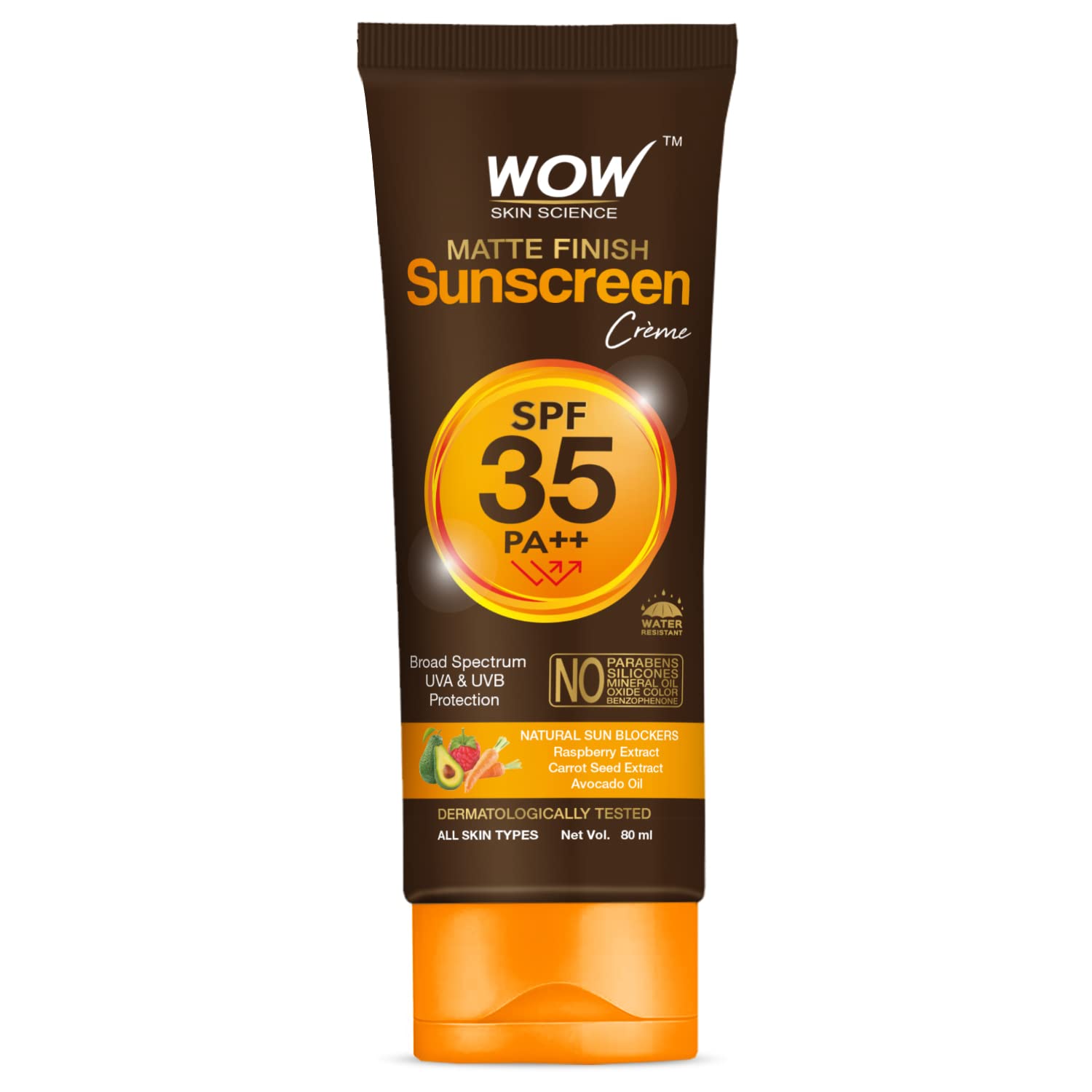 WOW Skin Science Sunscreen SPF 35 PA++ Matte Finish | Quick Absorption| Broad Spectrum | With Raspberry rich in Vitamin C, Avocado, and Carrot Seed Extract | For Women & Men | All Skin Types - 80ml