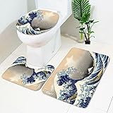 Alfombra Baño Azul Naranja Japonés Alfombrilla Baño Forma de U Contorno y Tapa del Inodoro 3 Piezas Secado Rapido Absorbe Agua Antideslizantes Lavable Decoración Bath Mat 50x80 cm