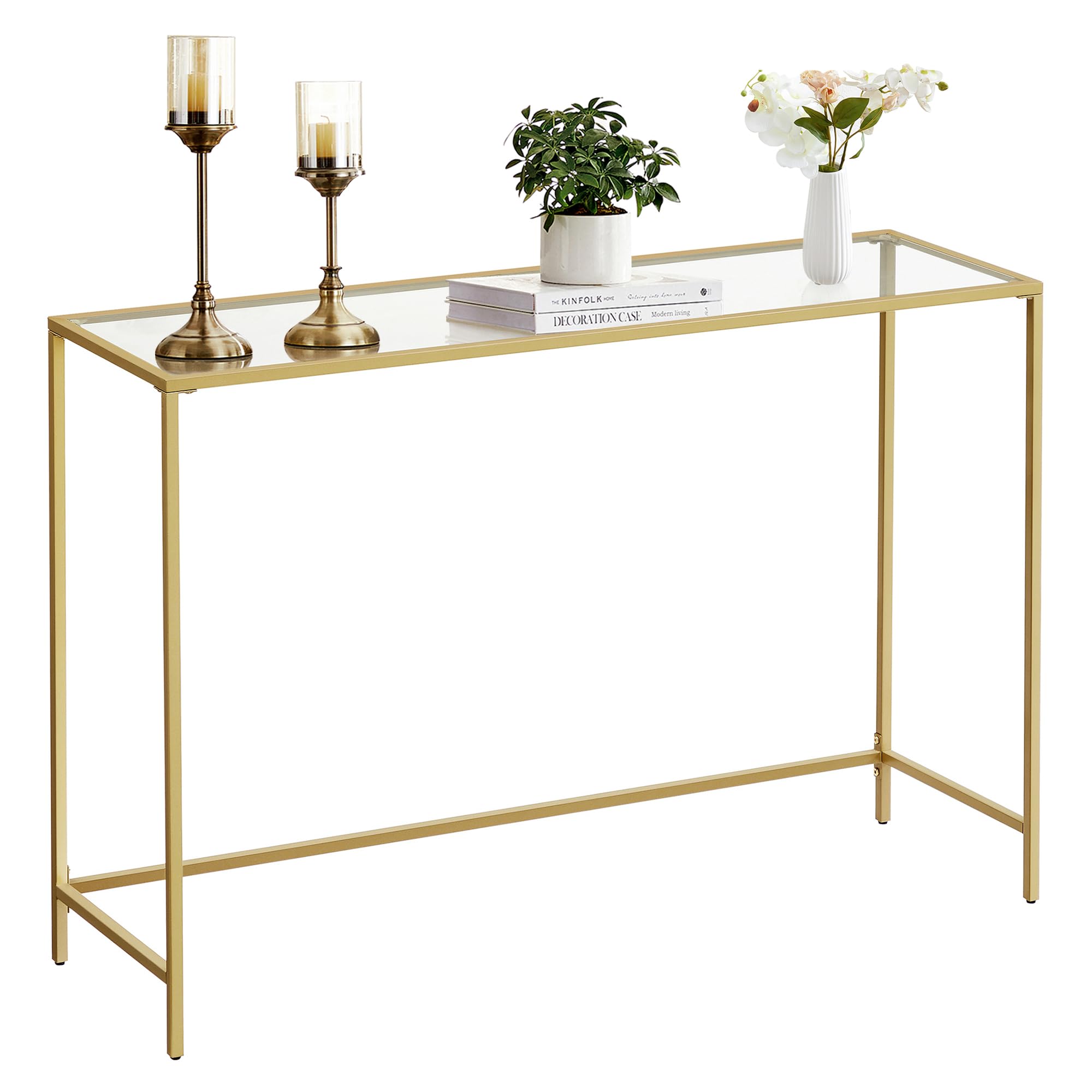 VASAGLE Konsolentisch, Beistelltisch, Oberfläche aus Hartglas, moderner Sofatisch, einfacher Aufbau, verstellbare Füße, Wohnzimmer, Flur, helles Gold-transparent LGT132A01