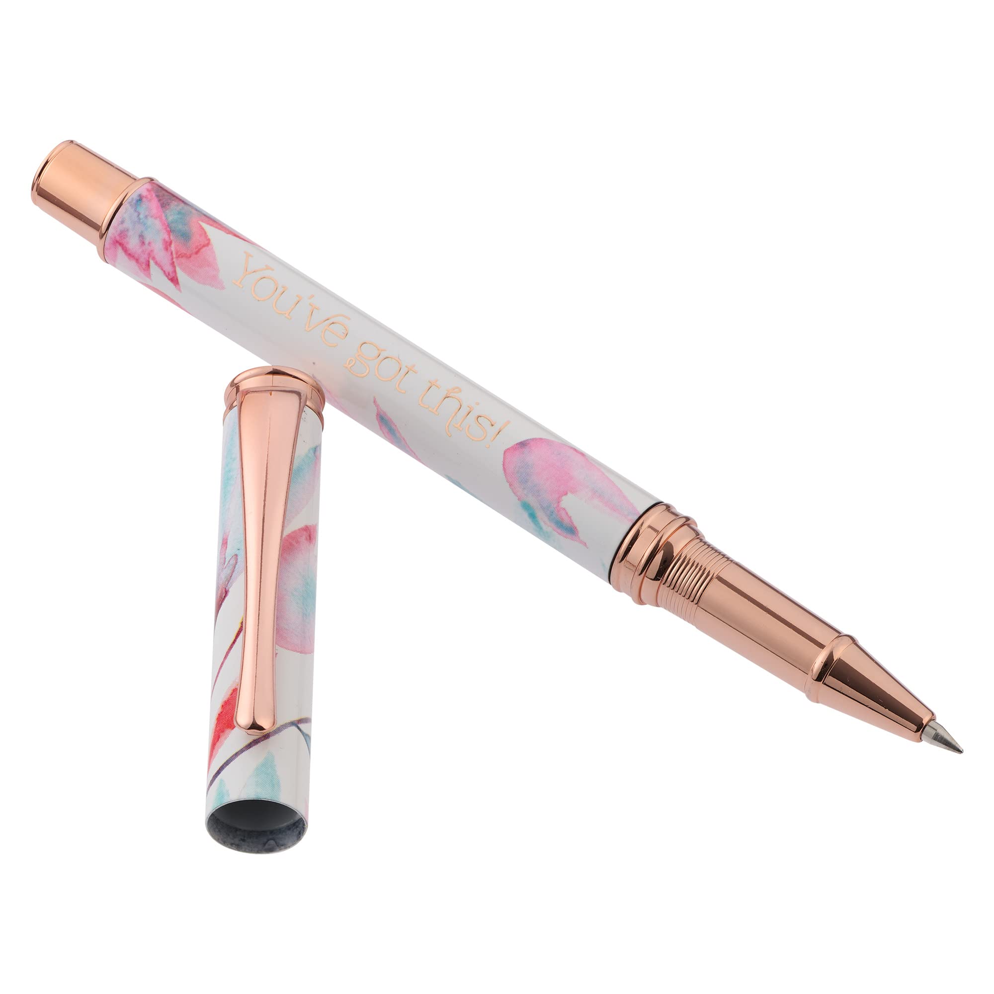Heartfelt Women's Gel Writing Pen, Rose Gold Metal w/Floral Pink Petals Pastel Watercolor Flower Art Design You've Got This Inspirational Quote,