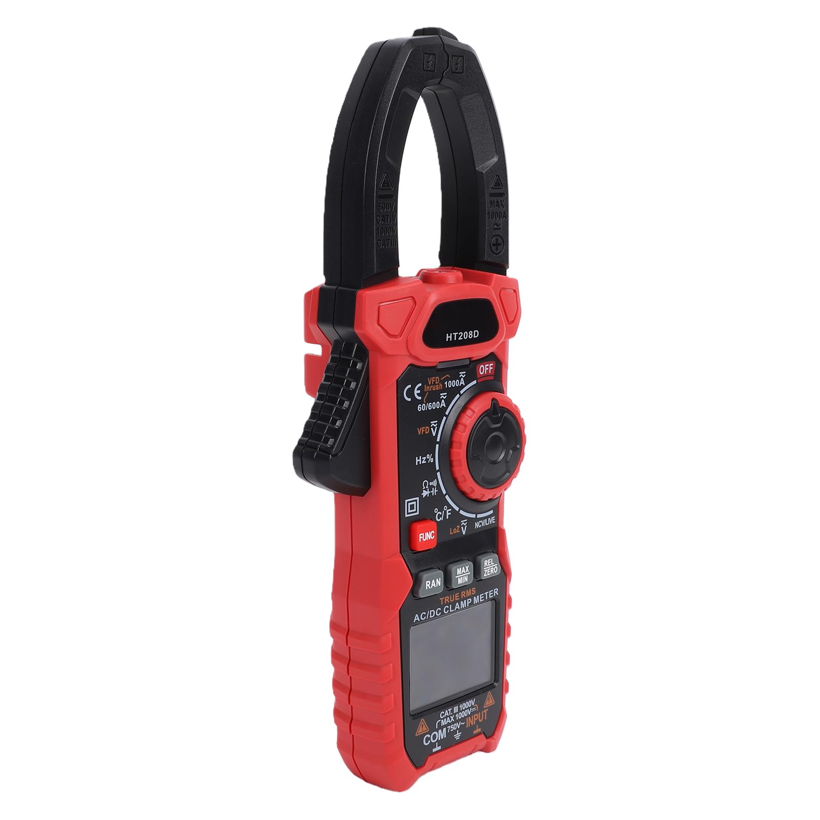 Pinza Amperometrica Digitale 6000 Conteggi NCV Tester di Tensione Senza Contatto Ganascia da 40 Mm, con Corrente CA CC Tensione Resistenza Capacità Temperatura (HT208D senza batteria (1000