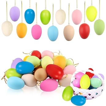 Pack of 24 Easter Eggs for Hanging with Ribbon Colourful Easter Eggs Plastic in 12 Colours for Easter Decoration Size 6 cm D