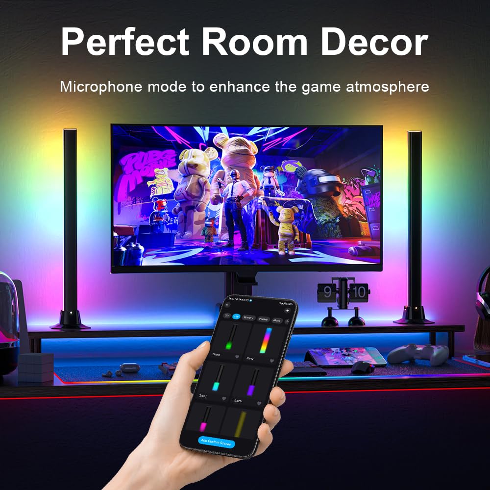 Barra de Luz LED RGBIC 42 cm, Lámpara Gaming USB con App Bluetooth, Iluminación 270° y Sincronización Musical, Luz Ambiente para Monitor, TV y Escritorio