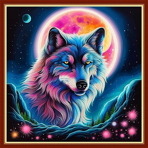 Image of Foxhool Beginners Cross Stitch Kits Stamped Full Range of Embroidery Kits for Adults DIY Cross Stitches kit Embroidery Patterns for Needlepoint kit-Colorful Moon Wolf 17.7x17.7 inch