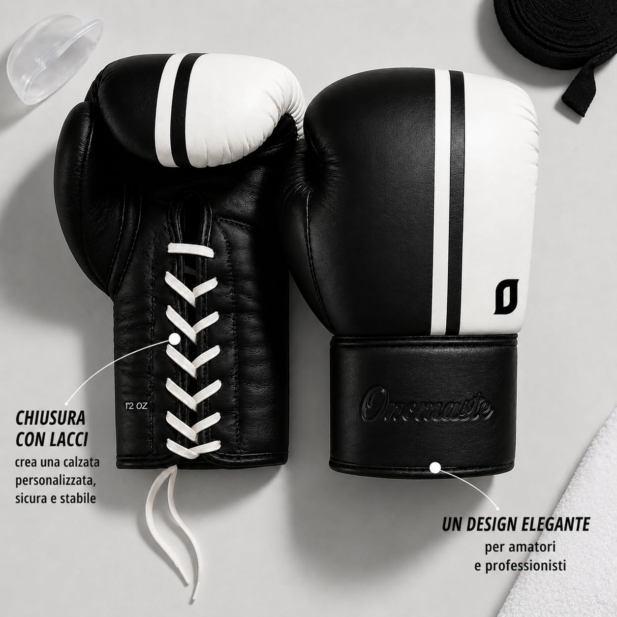 Guanti da boxe professionali, pelle premium, chiusura con lacci, nero, muay thailandese, adulto unisex