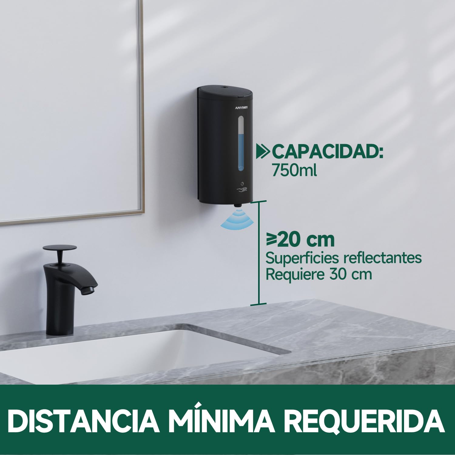 anydry Dispensador de Espuma Automático Sin Contacto de Pared Profesional 750 ml con Placa de Montaje Metálica & Revestimiento Anti-Corrosión (Acero Inoxidable Negro Mate)