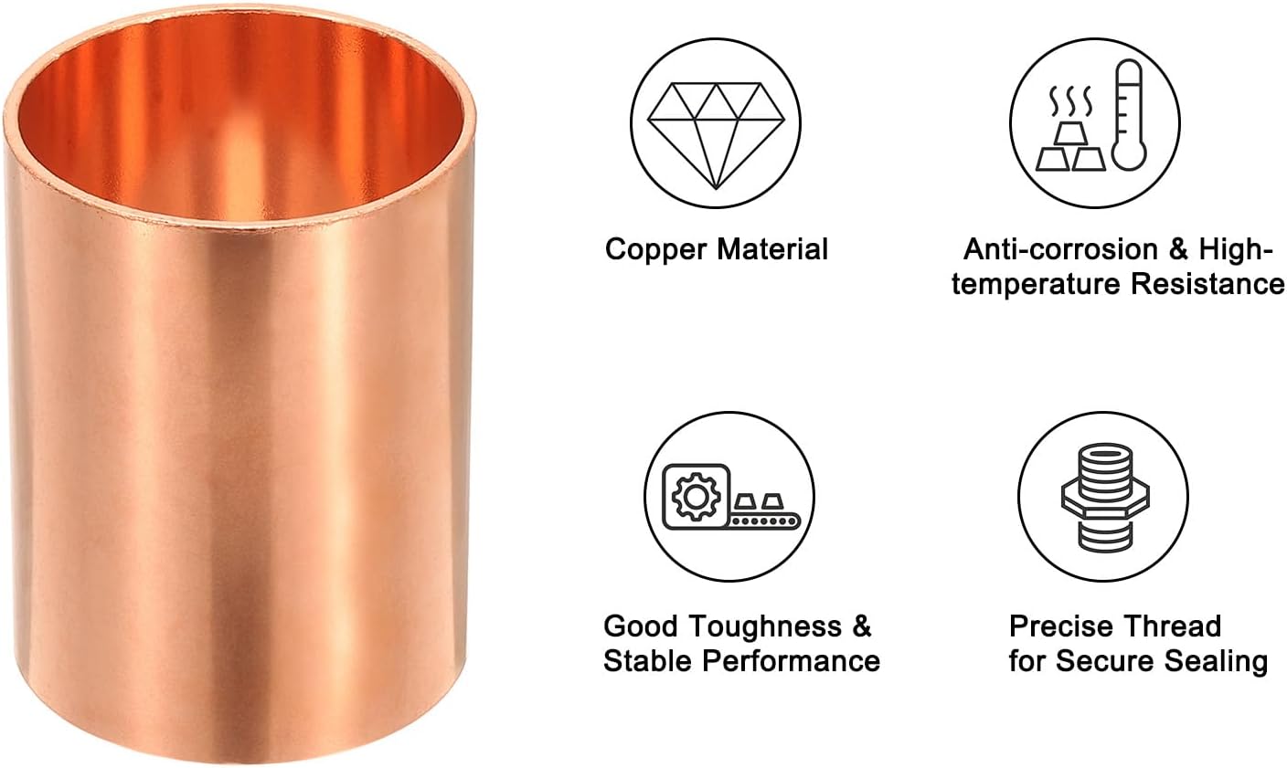 PATIKIL 1-1/2" Copper Coupling Fittings with Sweat Ends, 2 Pcs Straight Copper Pipe Fitting Coupler without Stop Solder Connection Welding Joint Connector for HVAC Air Conditioning
