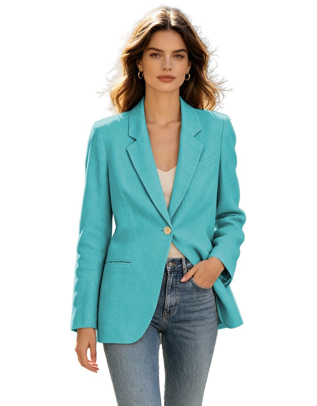 Leader of the Beauty Women Linen Blazer Summer Lightweight Breathable Lined One Button Casual Work Pocket Blazer Jacket Turquoise