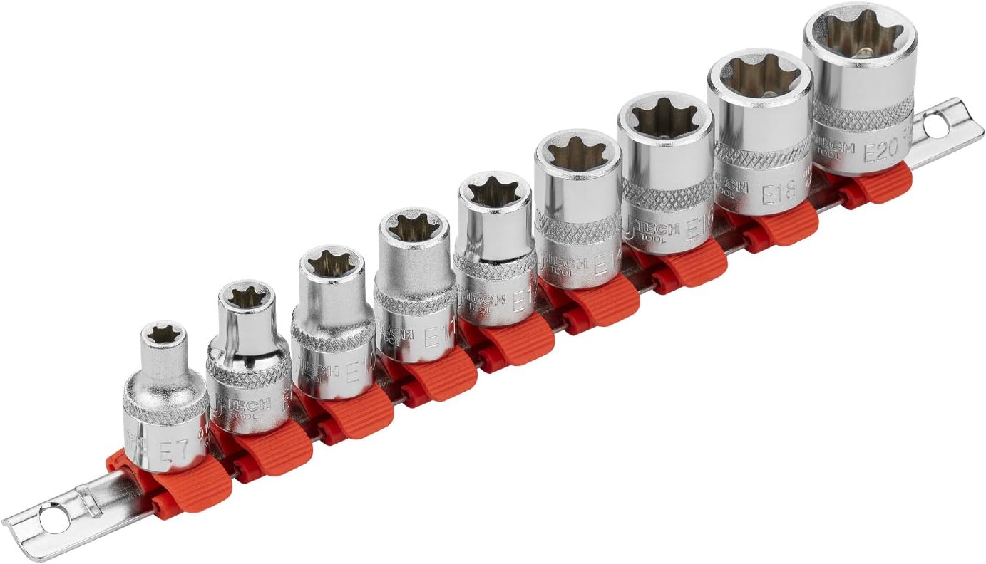 Jetech 9PCS 3/8 Inch Drive Female E Torx Star Socket Set, Made with Forged, Heat-Treated Chrome Vanadium Steel, Set Includes E7, E8, E10, E11, E12, E14, E16, E18, E20 with Steel Holder Rail