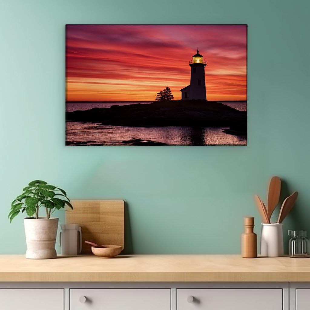 Canvas for Living room. Lighthouse at Dusk � A Beacon of Serenity Amidst Warm Sunset Hues, 27 x 18 inch Canvas Wall Art - Contemporary Masterpieces - Modern Home Decor