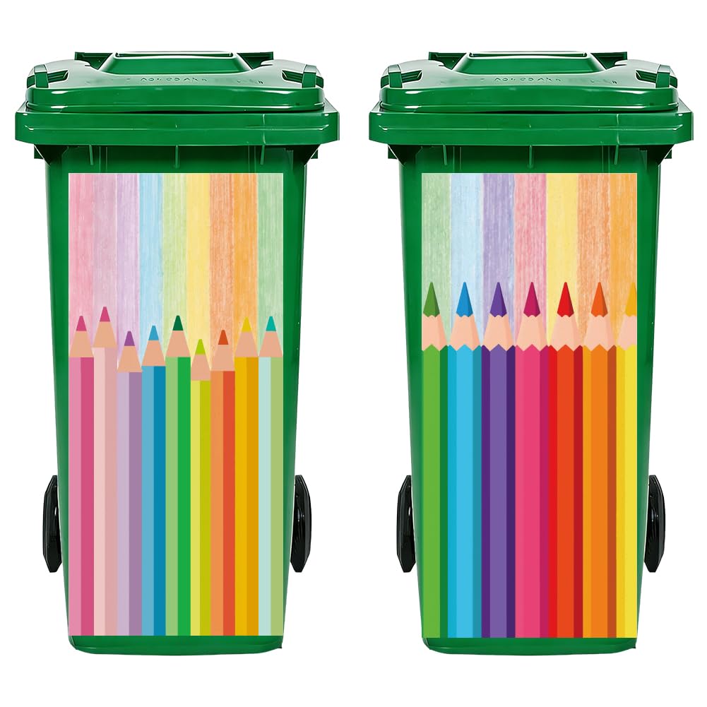Hobbspring 2Pcs Trash Can Stickers Pencils Garbage Can Decals Wheelie Bin Sticker Colorful Arts Waterproof PVC Dustbin Decor Stickers for School Outdoor Curbside Garbage Bins 82 * 38cm/32 * 15in