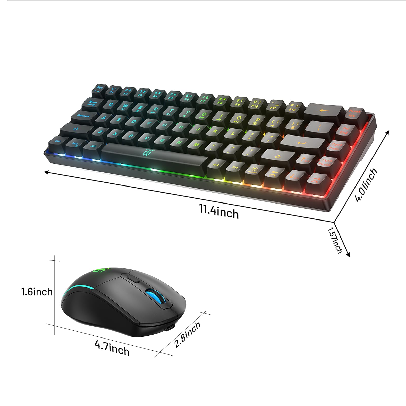 Snpurdiri - Combo de teclado y mouse para juegos 60% inalámbrico, batería recargable con retroiluminación LED de 2000 mAh, teclado de membrana pequeña pero sensación mecánica + ratones RGB populares