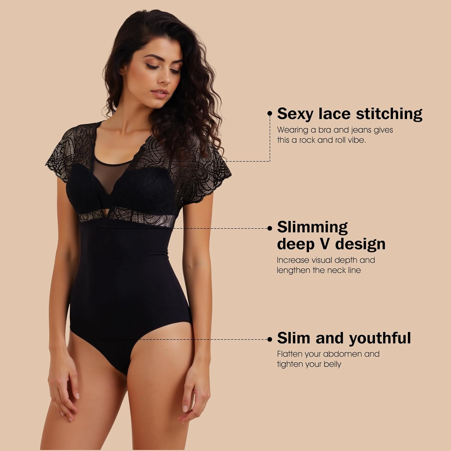 C4N Lace Bodysuit Shapewear for Women Tummy Control, Seamless Sculpting Wearable Scoop Neck Bodysuit to Wear Out (Black) - Image 3